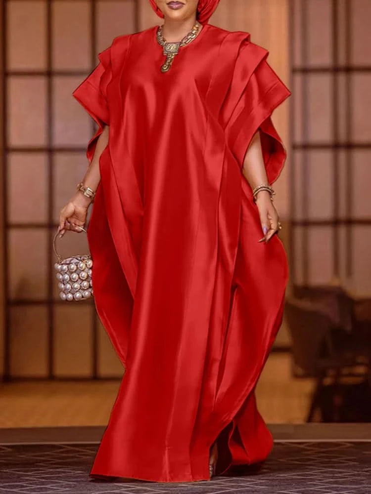 VONDA Plus Size 5XL Elegant Maxi Long Dress 2024 Fashion Satin Dress Sexy Printed Patchwork Bat-wing Sleeve Vestidos Ruffle Robe - M & M Global