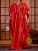 VONDA Plus Size 5XL Elegant Maxi Long Dress 2024 Fashion Satin Dress Sexy Printed Patchwork Bat-wing Sleeve Vestidos Ruffle Robe - M & M Global