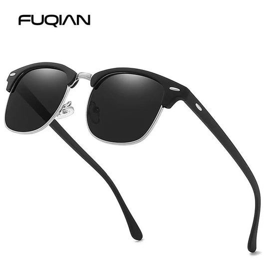 Classic Half Frame Polarized Sunglasses Men Women Retro Rivet Small Sun Glasses Male Popular Black Anti Glare Travelling Shades - M & M Global