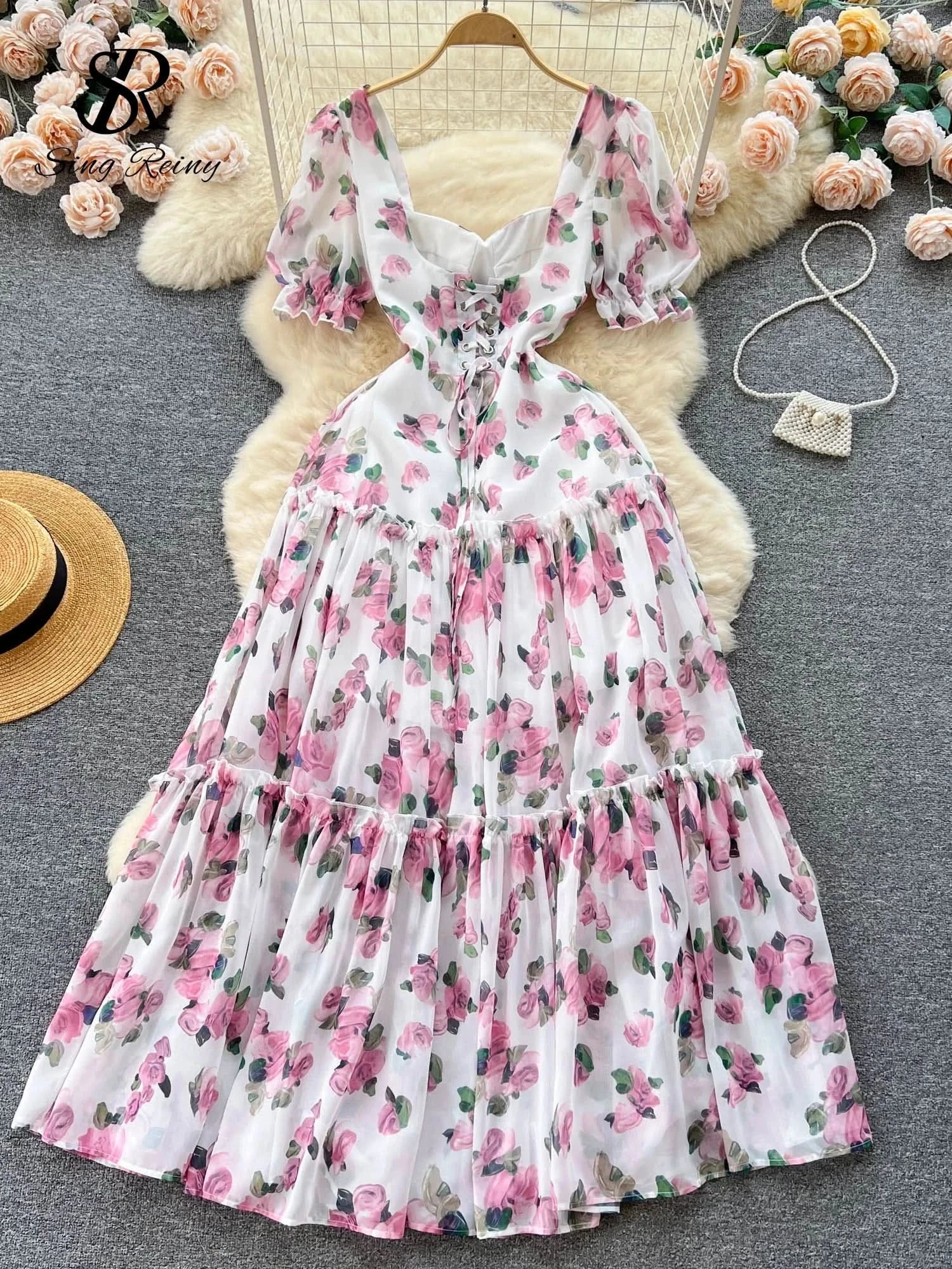 SINGREINY Beach Vacation Floral Print Dress Women Backless Lace Up Cross Bandage Ruched Korean Hotsweet Fashion Party Long Dress - M & M Global