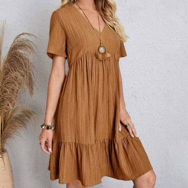 2025 Loose V-neck Short Sleeved Pleated Women Dress Solid Color A-line Beach Dresses Elegant Simple Comfortable Woman Clothing - M & M Global