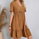 2025 Loose V-neck Short Sleeved Pleated Women Dress Solid Color A-line Beach Dresses Elegant Simple Comfortable Woman Clothing - M & M Global