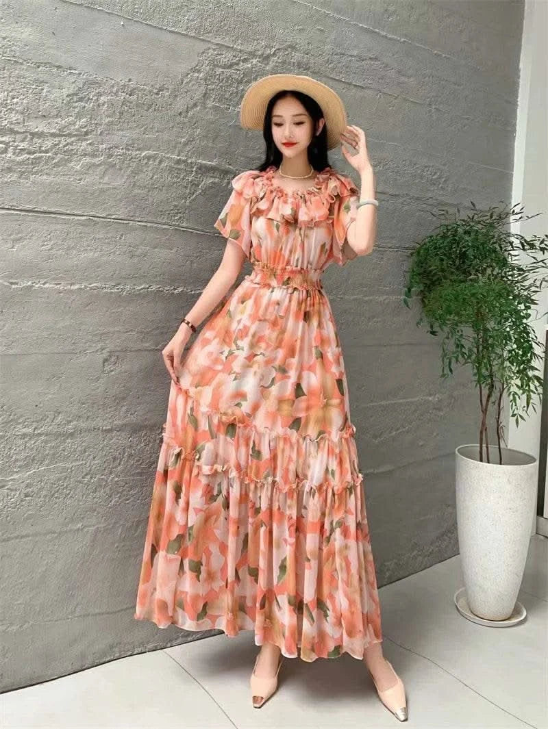 2024 New Summer Women Sexy Slash Neck Short Sleeve Slim Long Dress Fashion Patchwork Big Hem Sweet Ruffles Floral Dress - M & M Global