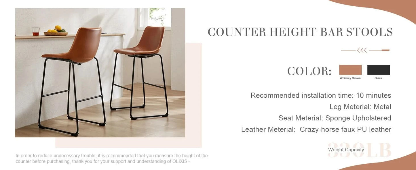 JHK Leather Modern Bar Bench 2-piece Set Armless Metal Leg Brown Bar Bench with Backrest Home Chair Living Room Furniture