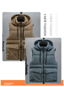 Men's Hooded Vest Winter Zipper Warm Stand Collar Waistcoat Men Cotton Padded Sleeveless Jackets with Big Pockets 2025