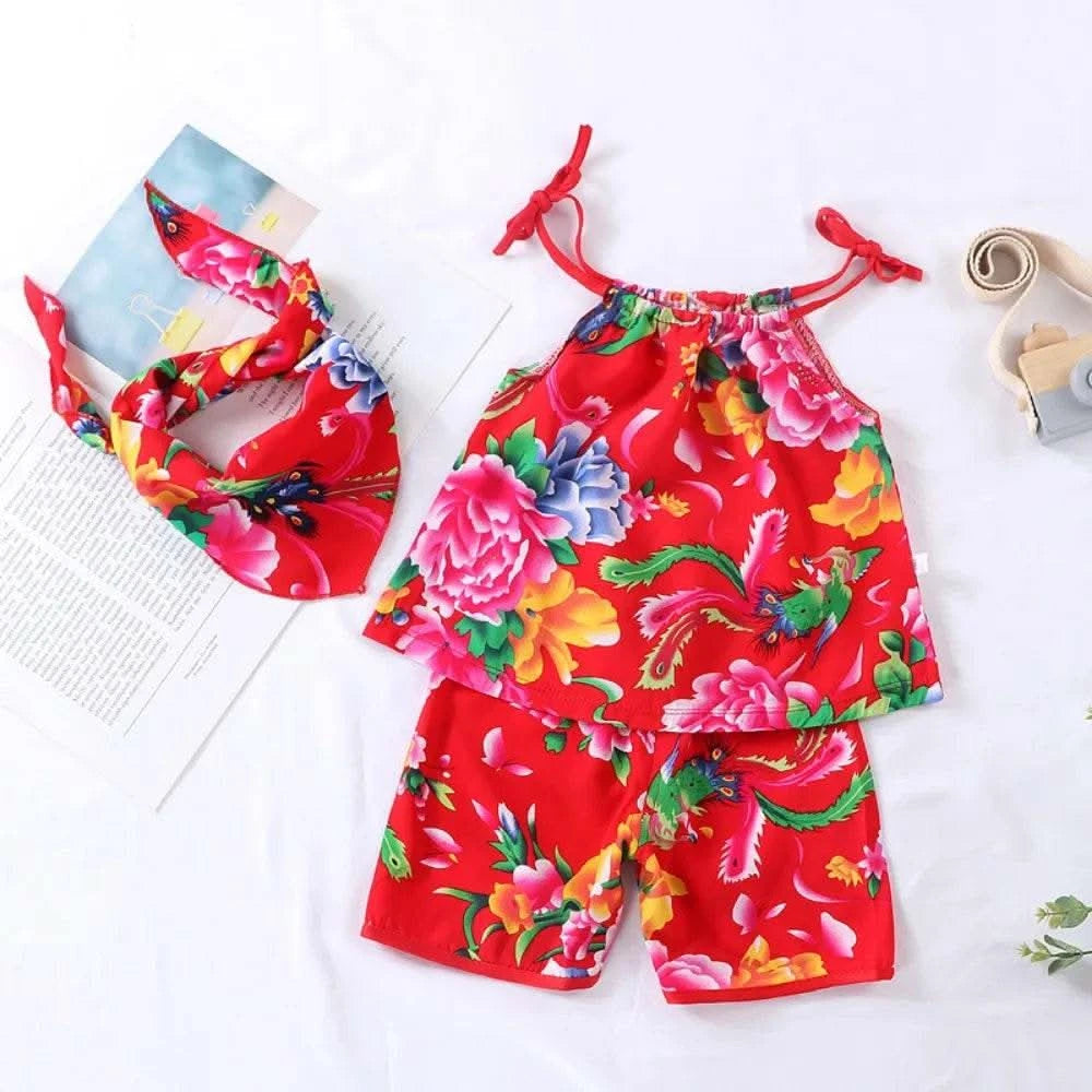 Bear Leader Summer Fashion New Baby Girl Clothes Flower Print Suspender Top+Shorts 2-piece Set Ethnic Style Children's Clothing - M & M Global