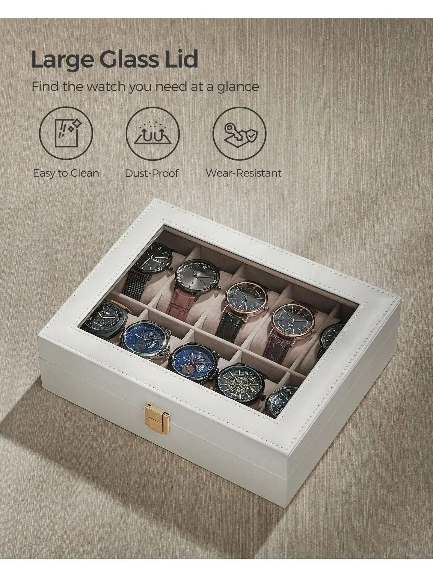 SONGMICS Watch Box, 10-Slot Watch Case with Large Glass Lid, Removable Watch Pillows, Watch Box Organizer, Gift for Loved Ones - M & M Global