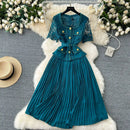 Designer 2025 Summer Pleated Chiffon Lace Long Dress Women Flower Embroidery Gold Button Belt Evening Party Dresses Wedding Robe - M & M Global