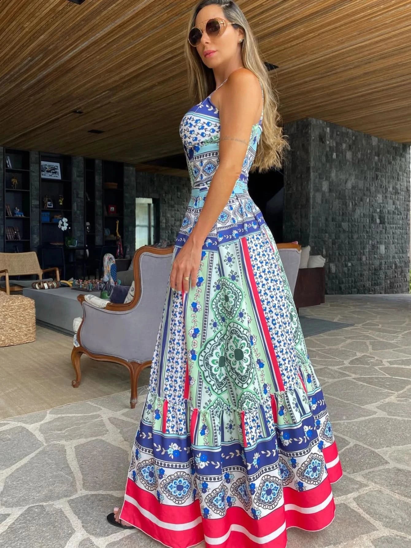 Summer Print Long Dress Women Clothing Lace Up Sling Party Dresses Pattern Strappy Ladies Hollow Out V-Neck Beach Vestidos - M & M Global