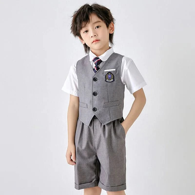 6PCS Summer Kids Weddding Suit Outfit Set Formal Elegant Suit for Kid Boy Kids Shirt Vest Shorts Socks Tie Sticker Clothing Suit - M & M Global