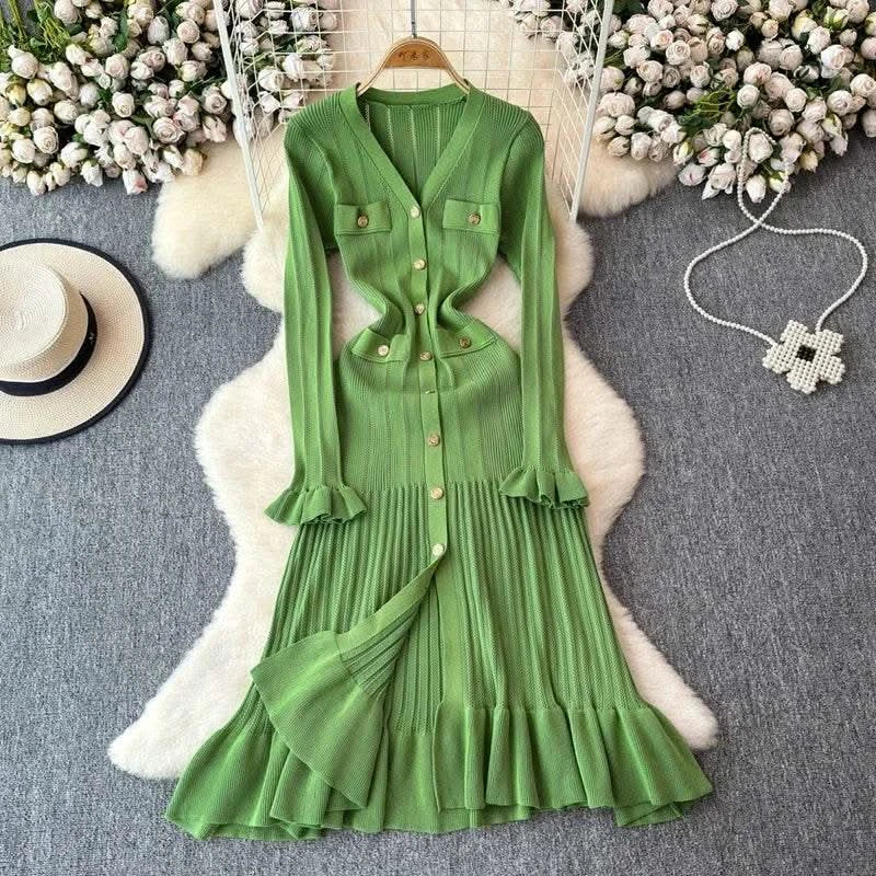 2024 Green Fashion Autumn Winter Knitted Long Dress French Style Letter Buttons Elegant Sweater Dress Lady Office Bodycon - M & M Global