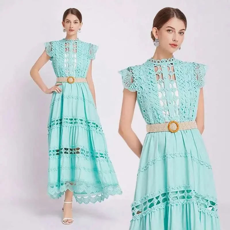 JAMERARY Designer New Summer Holiday White Embroidery Cotton Long Dress Women Sleeveless Midi Prom Evening Dresses Party Robe - M & M Global