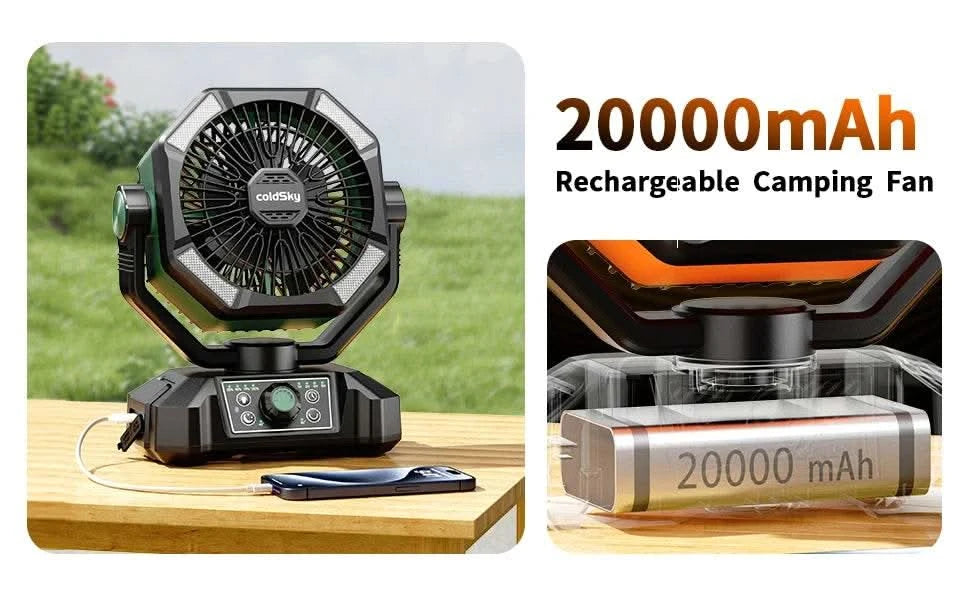 coldSky Camping Fan with 4 LED Lantern 8 Speeds Desk Fan 20000mAh Battery Portable Outdoor Fan for Outdoor Camping and Fishing - M & M Global