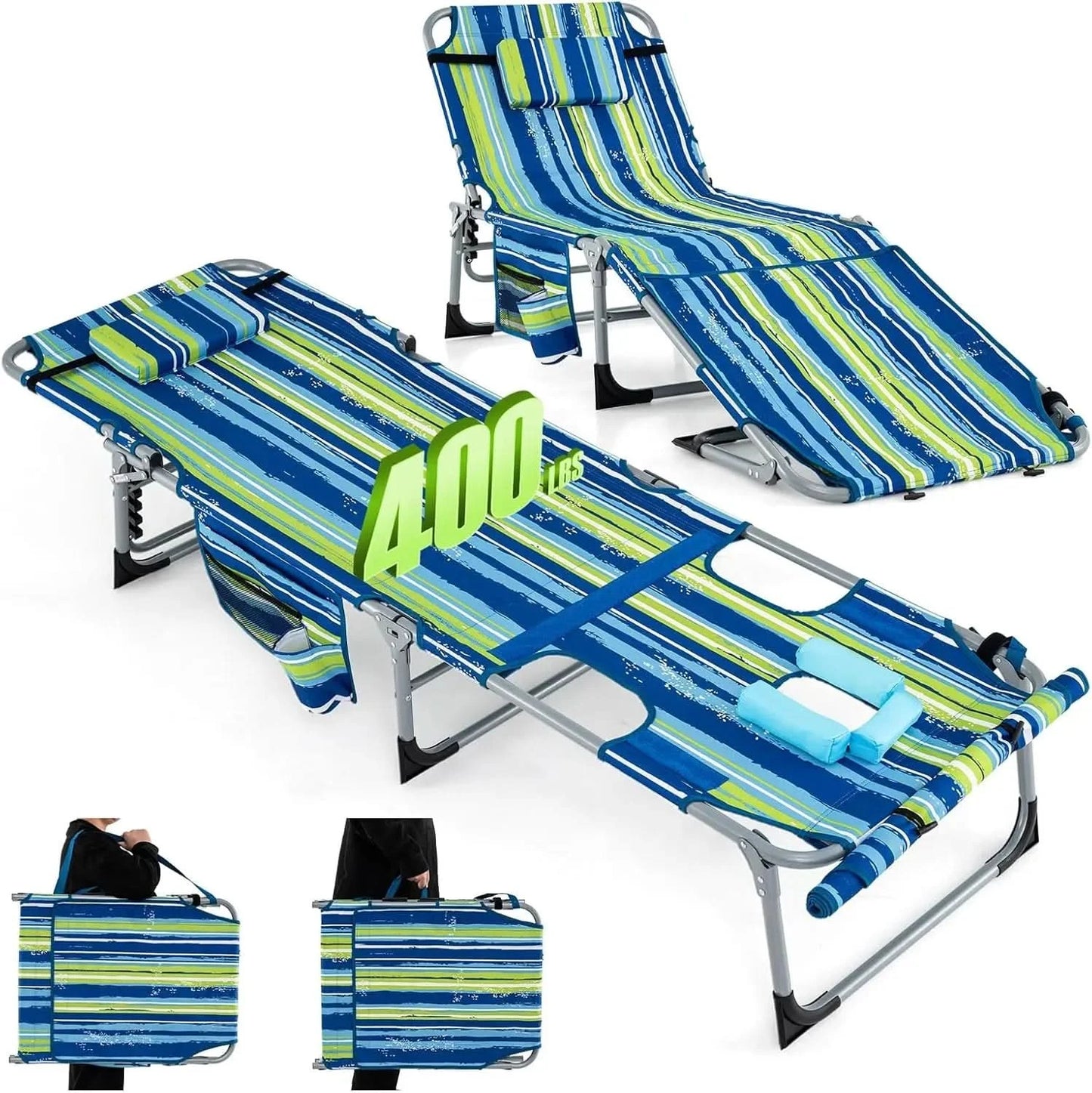 Tanning Chair, 400LBS Beach Lounge w/Face Arm Hole & Hand Shoulder Strap, Folding Layout Sunbathing Chair, Face Down Outdoor