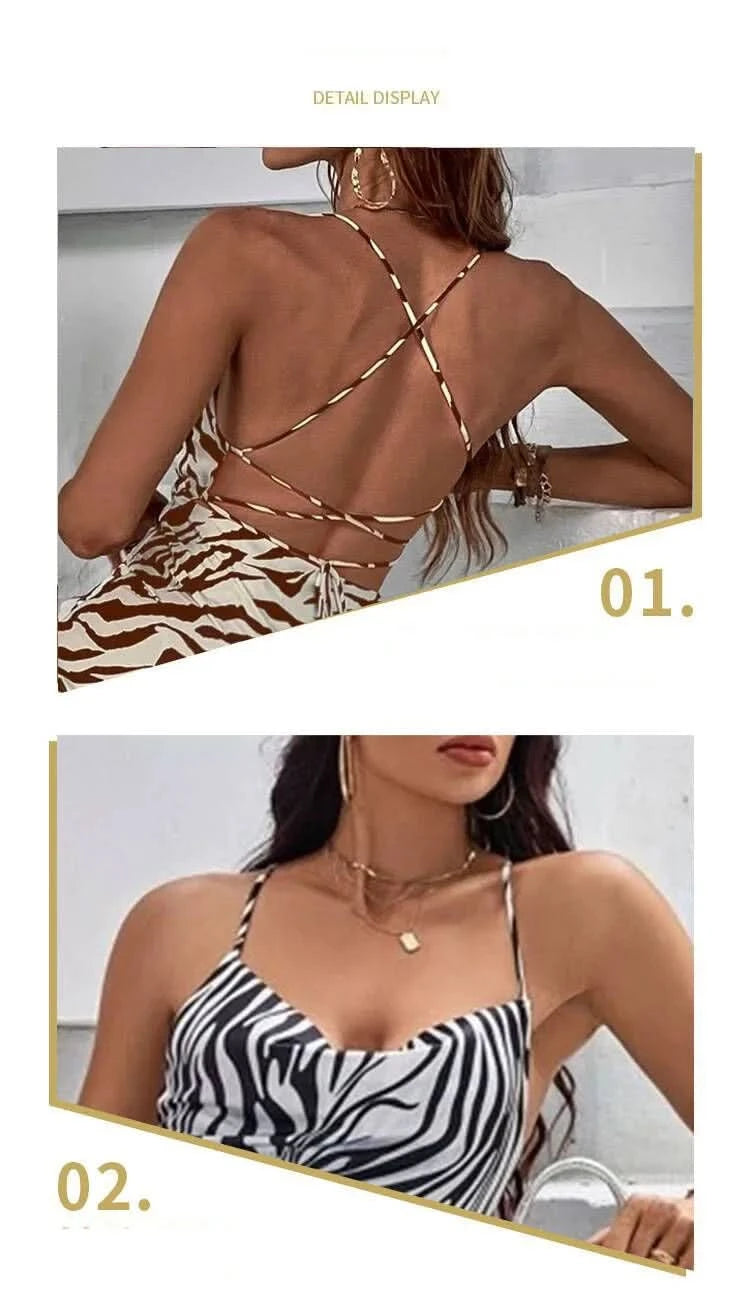 Women Sundress Summer Women Leopard Print Sexy Halter Beach Long Dress Backless Elegant Dresses Casual Resort Style Clothes - M & M Global