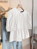 ZANZEA Women Summer Tops Short Sleeve Blouse 2025 Casual Solid Color Tunic Female Ruffled Round Neck Pleated Blusas Oversized