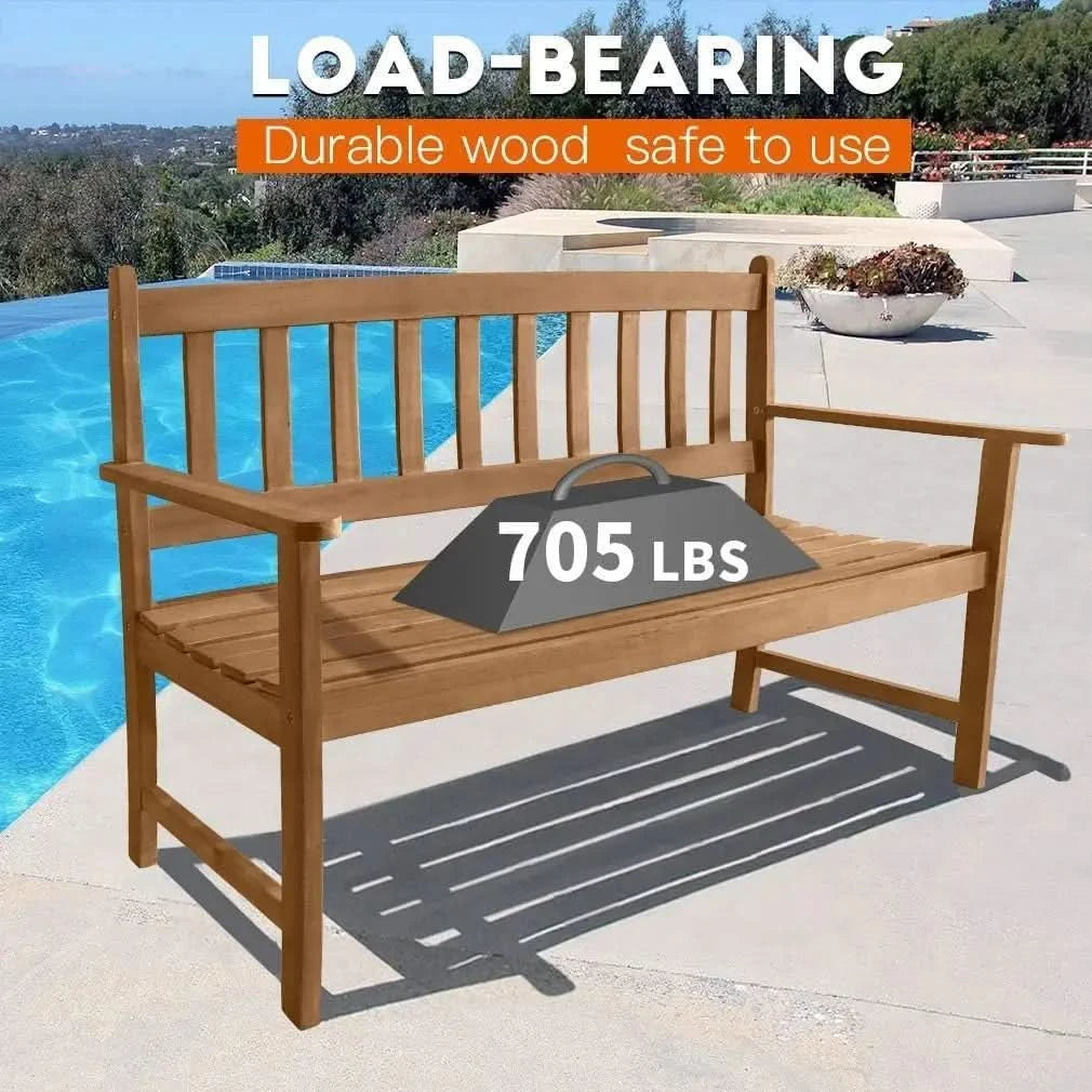 Patio Garden Armrests Sturdy Acacia Front Porch Chair 705Lbs Weight Capacity Best Outdoor Wood Bench, Natural Oiled