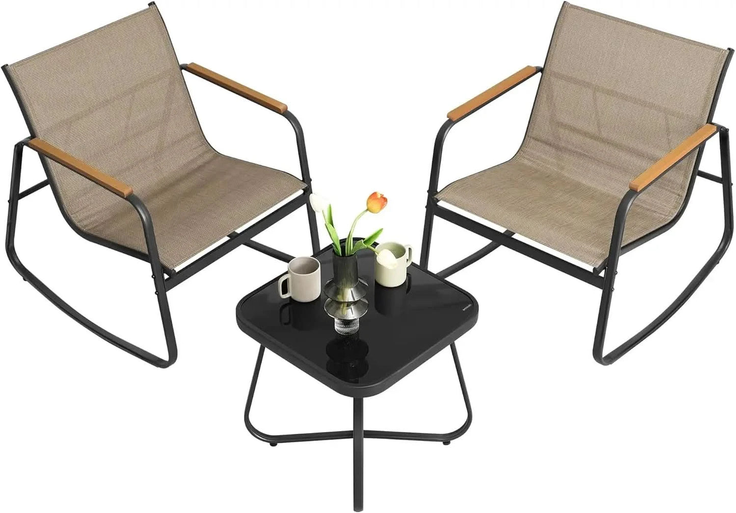 3-Piece Patio Set. Garden Conversation. 2 Rocking Chairs, Table. Steel Frame. Breathable Fabric. Yellowish Brown. UGGF0027K01.