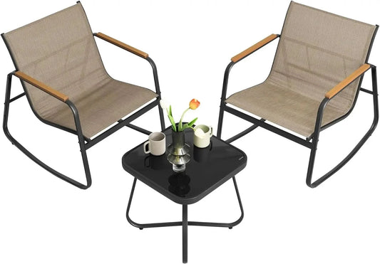 3-Piece Patio Set. Garden Conversation. 2 Rocking Chairs, Table. Steel Frame. Breathable Fabric. Yellowish Brown. UGGF0027K01.