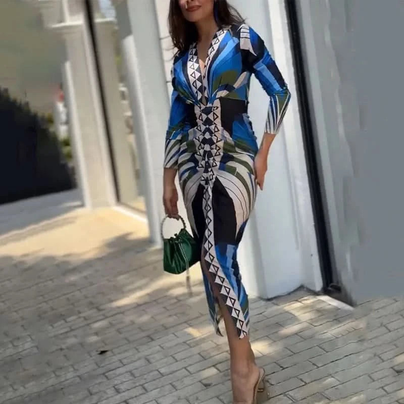 Wefads Long Dress Women Clothing Printed Long Sleeve V Neck Pleated Nipped Waist Slim Slit Casual Dresses Streetwear - M & M Global