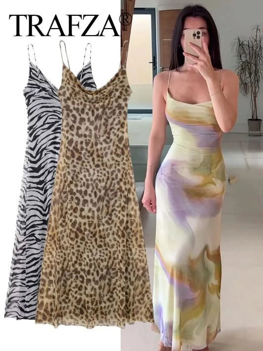 TRAFZA 2024 Vintage Women Sexy Spaghetti Strap Dress Female Casual Beach Party Long Dress Sleeveless Backless Suspender Dress - M & M Global