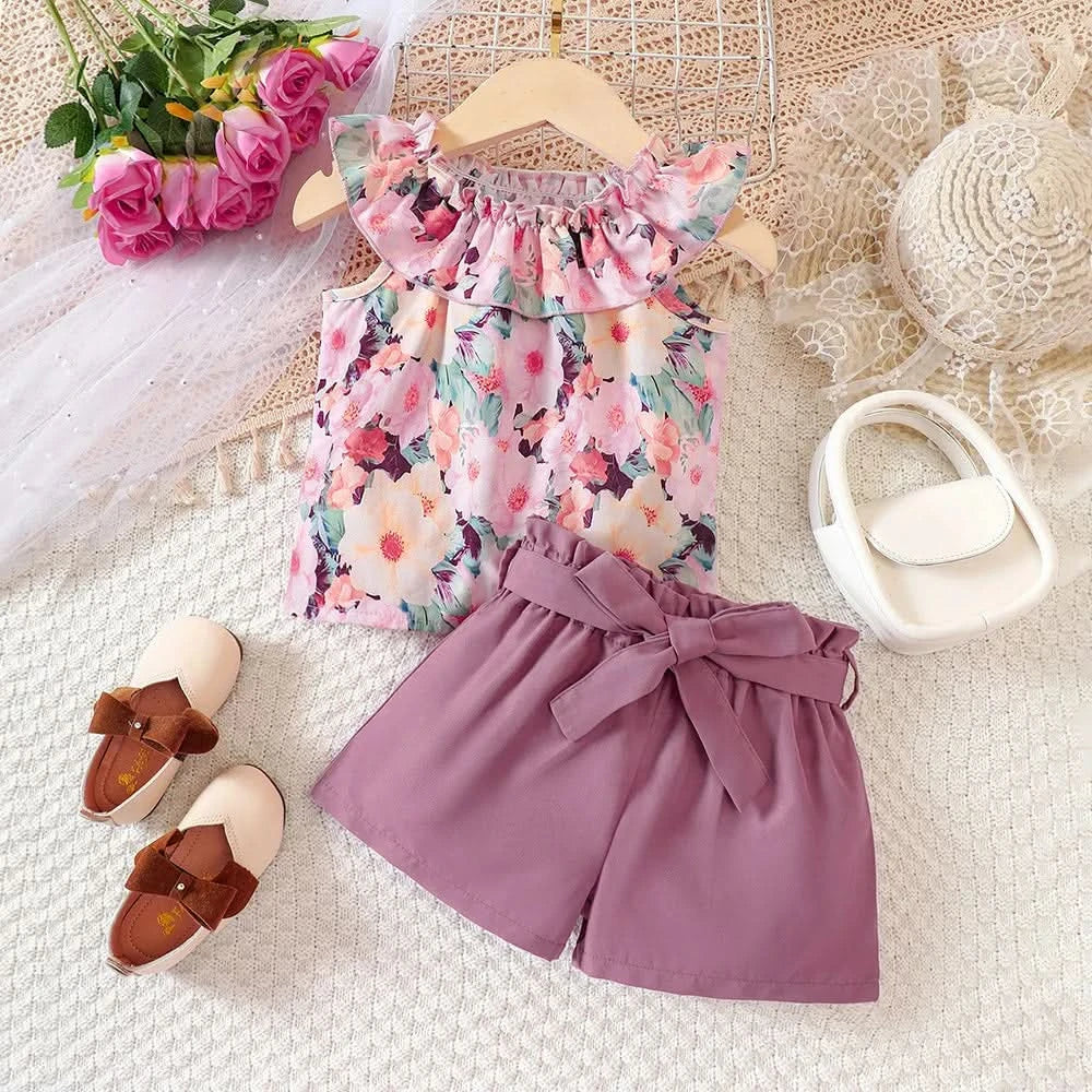 Kids Casual Summer Clothing Sets Outfits for Girls 2024 New Toddler Floral Print Ruffles Tops Short Pant Fashion Children 1-8Y - M & M Global