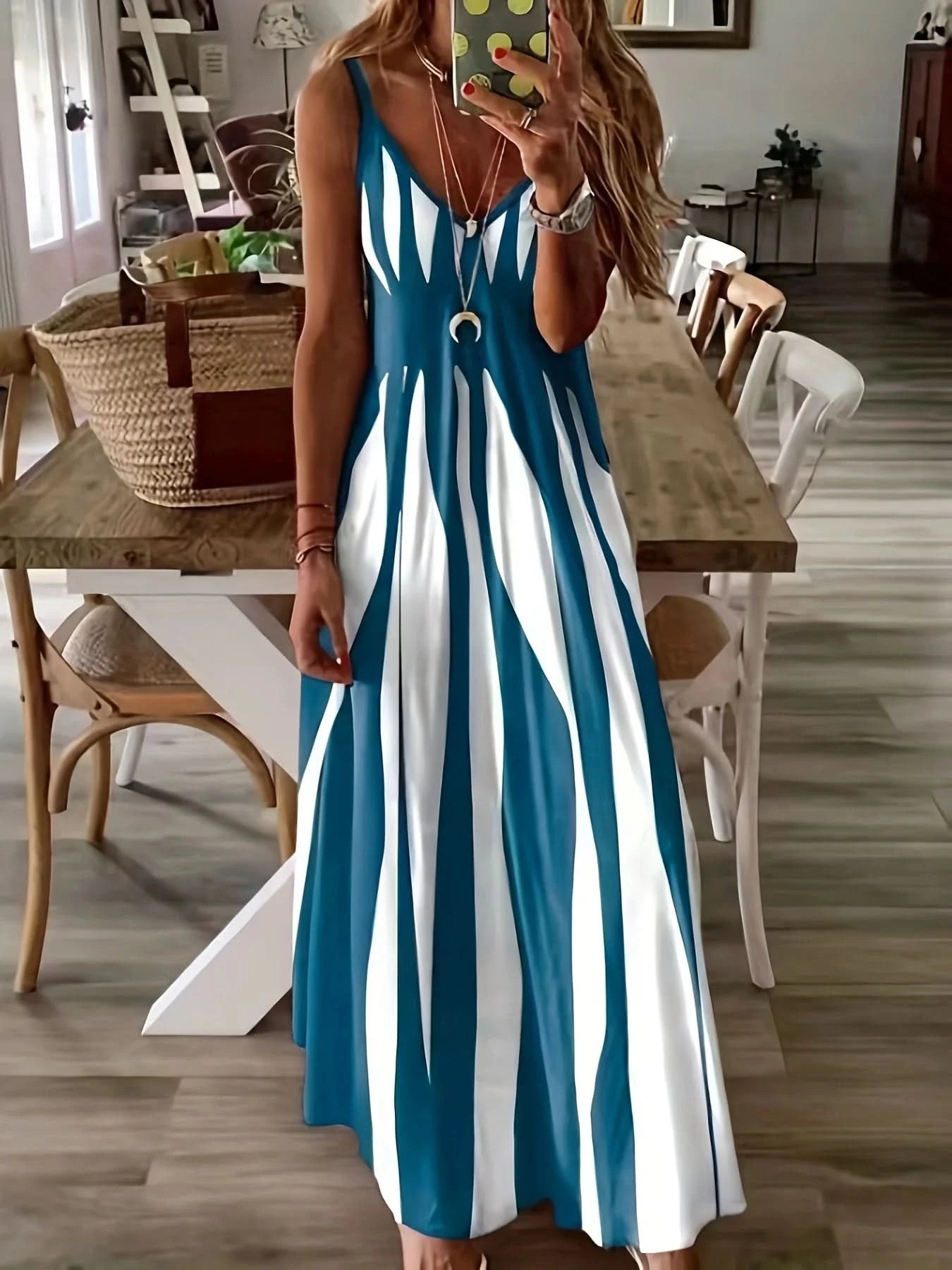 Large size positioning printed spring/summer new V-neck long dress dress - M & M Global