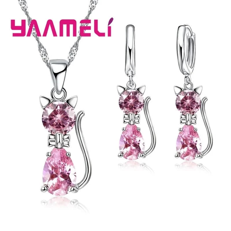 Real 925 Sterling Silver Color Jewelry Sets for Woman Girls Shining Austrian Crystal Cute Cat Pendant Necklace Huggie Earring - M & M Global