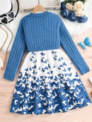 1-Piece Spring and Autumn Fashion Casual Style Knit Dress for Girls Aged 8-12, Featuring a Round Neck, Ribbed Design, Solid Color, and Dual Print Patterns, Suitable as a Gift for Eid, Easter, Carnival, Chinese New Year, and O