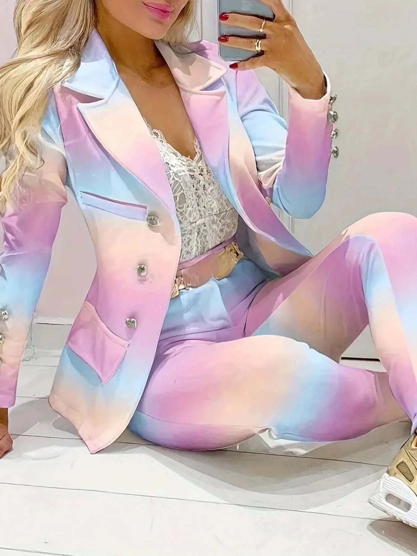 Women's Gradient Color and Snake Print Business Casual Two-Piece Suit Set, Double Breasted Long Sleeved Lapel Suit Jacket and Hi