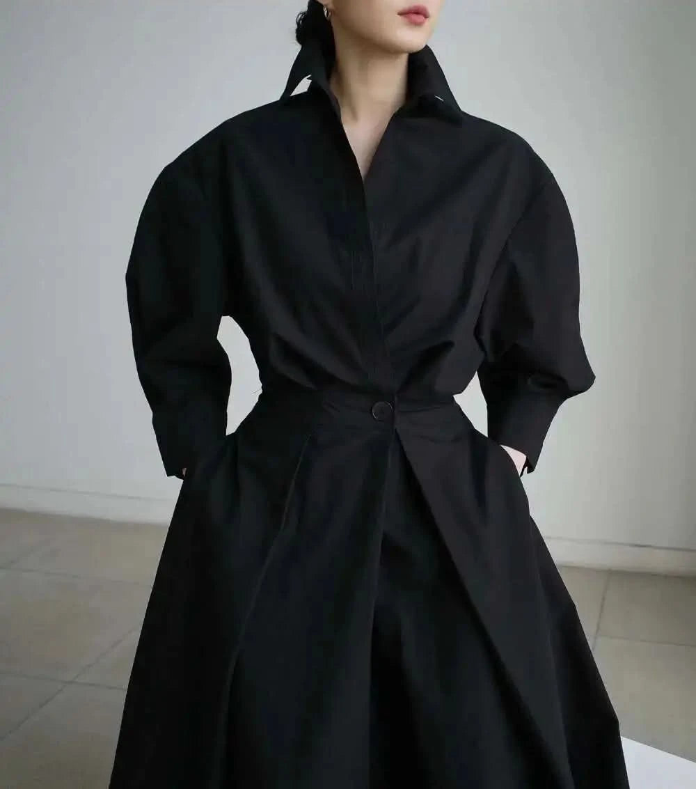 LANMREM Women's Clothing Long Dress Turn Down Collar With Button Pockets Loose Casual Dresses Female Streetwear Fashion 2C2019 - M & M Global