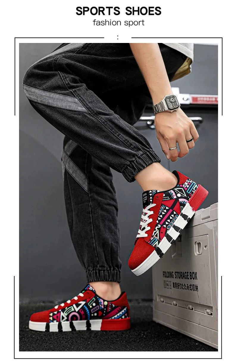 YRZL Men's Sports Running Shoes Canvas Geometric Style Lace-Up Sneakers Couples' Fashionable Graffiti Print Skate Shoes Men - M & M Global