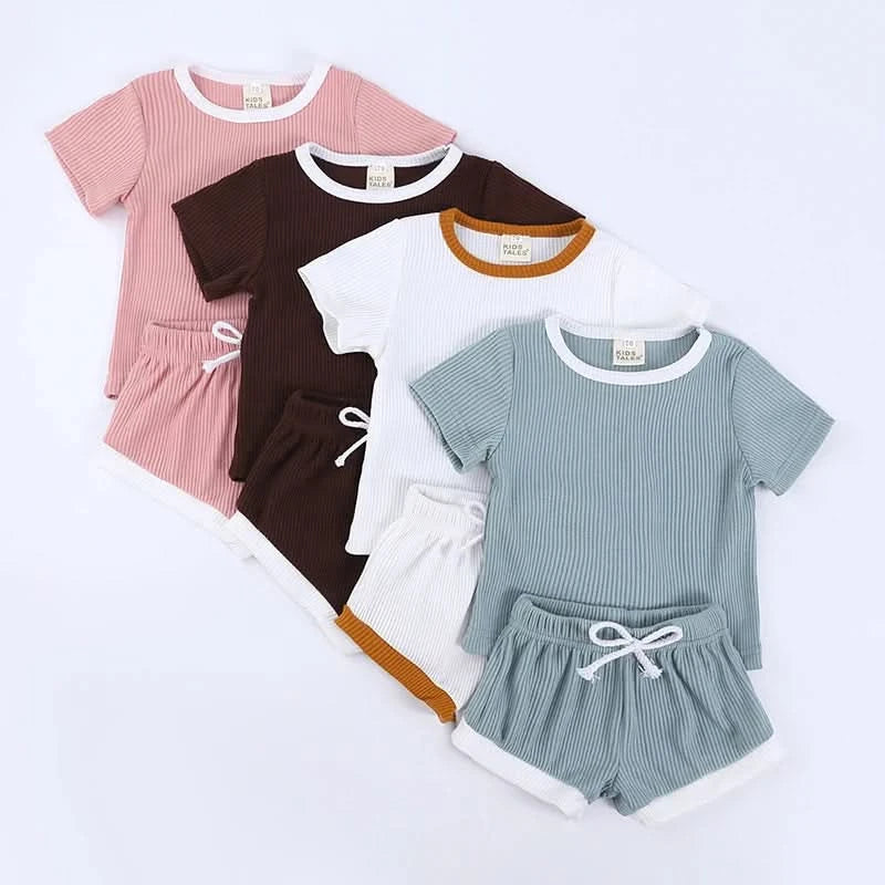 2025 New Style Baby Boy Clothes Sets For Children Kids Girls Clothes Ribbed Solid Cotton Short Sleeve Tee＋Pants Toddler Clothing - M & M Global