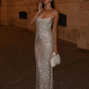 Fashion Rhinestone High Waist Slim Long Dress New 2024 Lady Sexy Off Shoulder Party Dress Casual Backless Hollow Suspender Dress - M & M Global