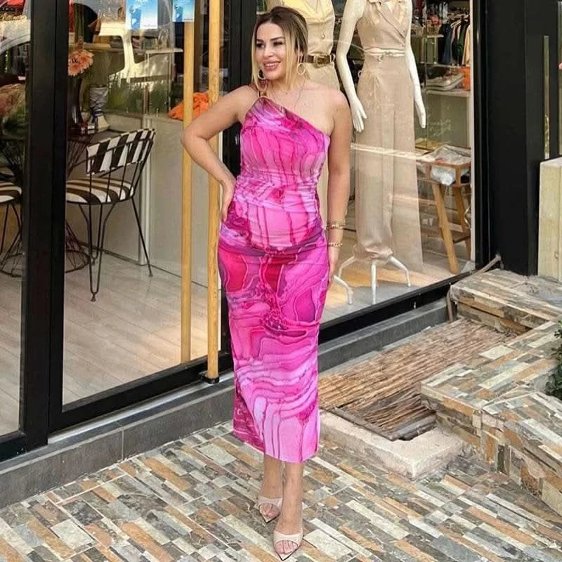 CUTENOVA Sexy Slash Collar Gradient Print Long Dress Summer Chic One-Shoulder Backless Party Dresses Sleeveless Hollow Slim Fit - M & M Global