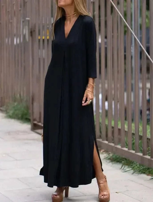 2025 Spring Women Long Dress Black V-neck Long Sleeve Loose Dresses Female Spring New Casual Fashion Loose Clothing Ladies - M & M Global