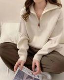Korean Half Zip-Up Sweater Women Retro Loose Sporty Knitted Pullover ladies Autumn Winter thicken warm Long Sleeve knit Jumpers