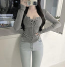 Autumn Sexy Women T Shirts Korean Lace Up Slim Long Sleeve Female Casual Tees Y2k Fashion New All Match Ladies Crop Tops
