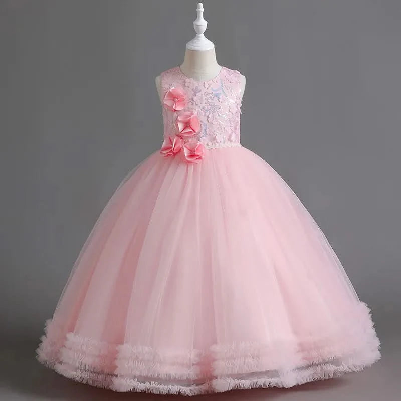 Girls' Sequin Pearl Princess Dress 5-14 Years Old Flower Decal Sleeveless Temperament Long Dress Halloween Banquet Fashion Dress - M & M Global