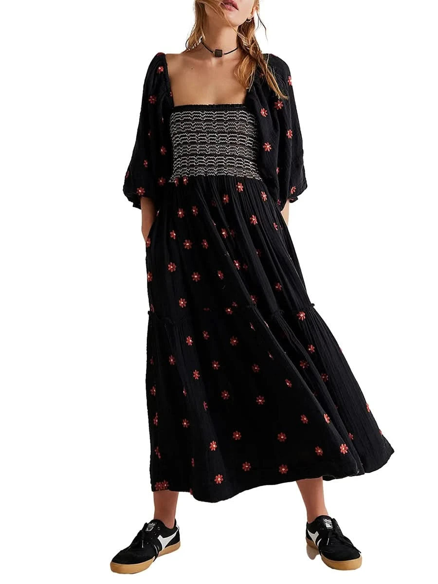 Women's Flower Embroidered Long Dress Bodycon Lantern Sleeve Square Neck Tiered Flowy Dress Bohemian Summer Beachwear Dresses - M & M Global