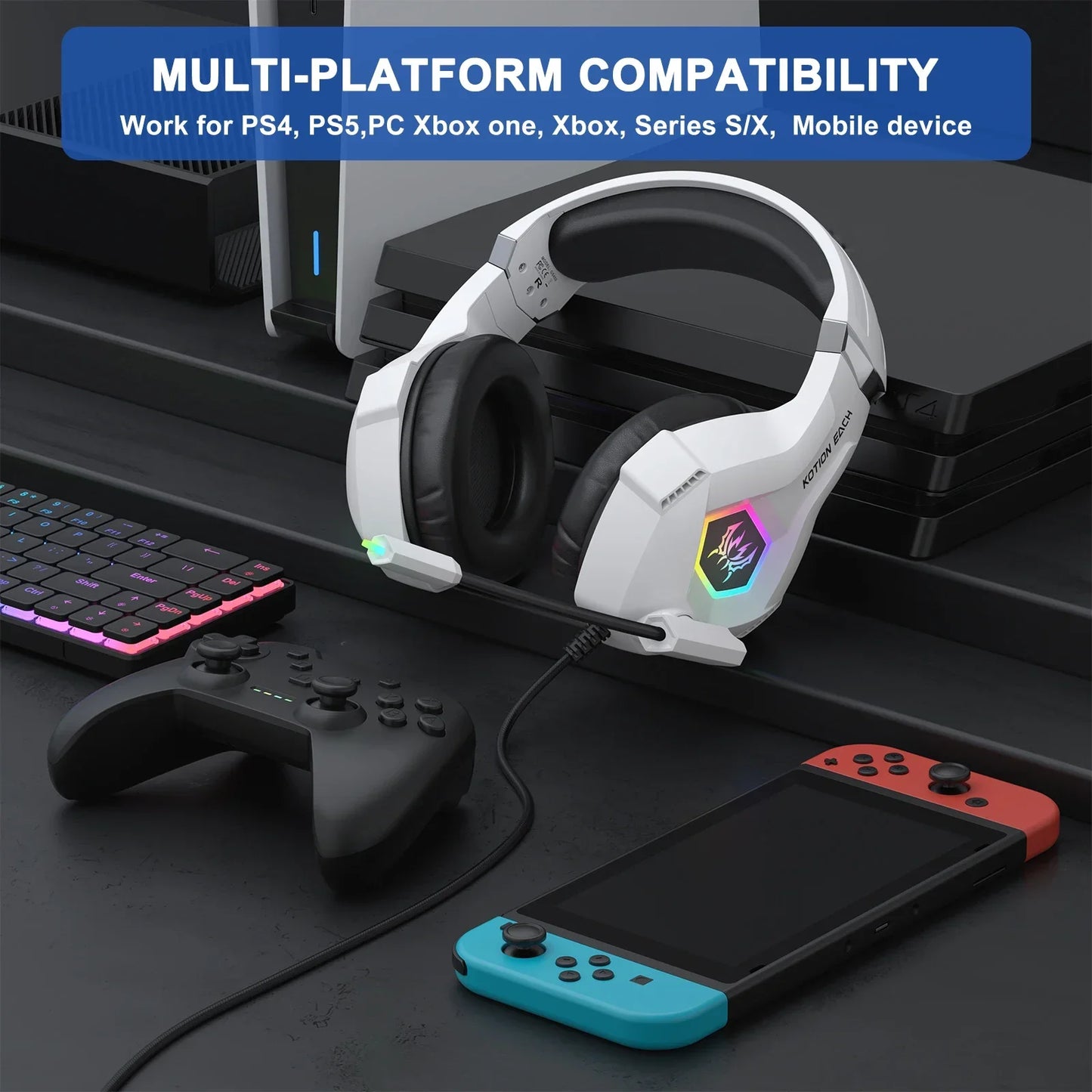 Wired Gaming Headset with Noise Cancelling Mic Compatible With PC PS4 PS5 Xbox Surround Sound RGB Light Over Ear Design