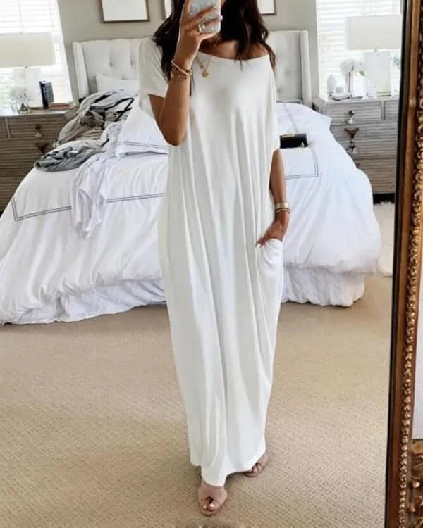 Summer Home Long Dress Comfortable Casual Sexy One-shoulder Bat-sleeve Dress Women's Short-sleeved Long Dress - M & M Global