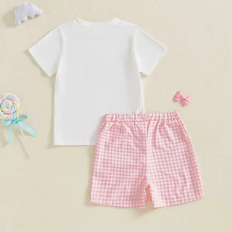 Adorable Toddler Girl Outfit with Bow Detail Short Sleeve Tee Plaid Skorts and Elastic Waistband - 2 Piece Summer Set - M & M Global