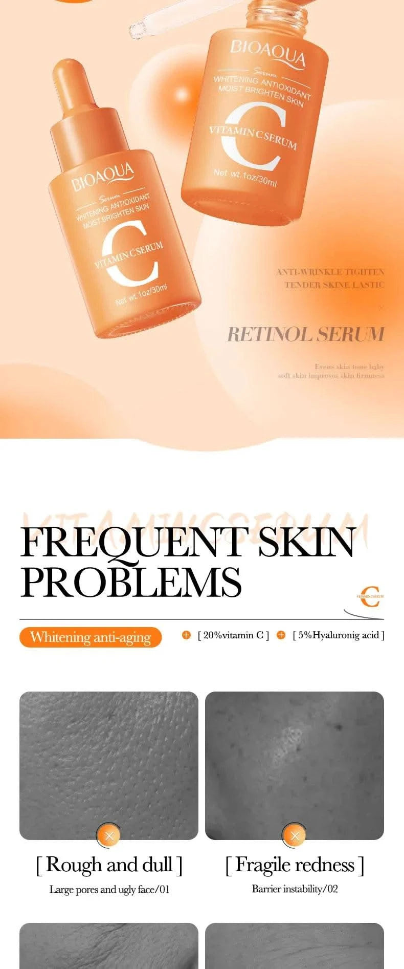 BIOAQUA Vitamin C Retinol Hyaluronic Acid Serum Moisturizing Brightening Hydrating Firming Facial Essence Beauty Face Skin Care - M & M Global