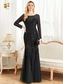 Elegant Long Sleeves Sequin Tulle Evening Dresses 2025 Women Luxury Mermaid Formal Bridesmaid Party Maxi Prom Dress