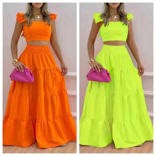 Dress Set Two-piece Women's Clothing Solid Color Sexy Suspender Large Swing Skirt Short Sleeved Square Neck Top Summer Outfits - M & M Global