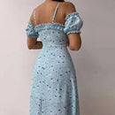 Women Elegant Off Shoulder V Neck Long Dress Sexy Sling Ruffle Strapless Slit Party Dress Spring Floral Print Slim Dress 21764 - M & M Global