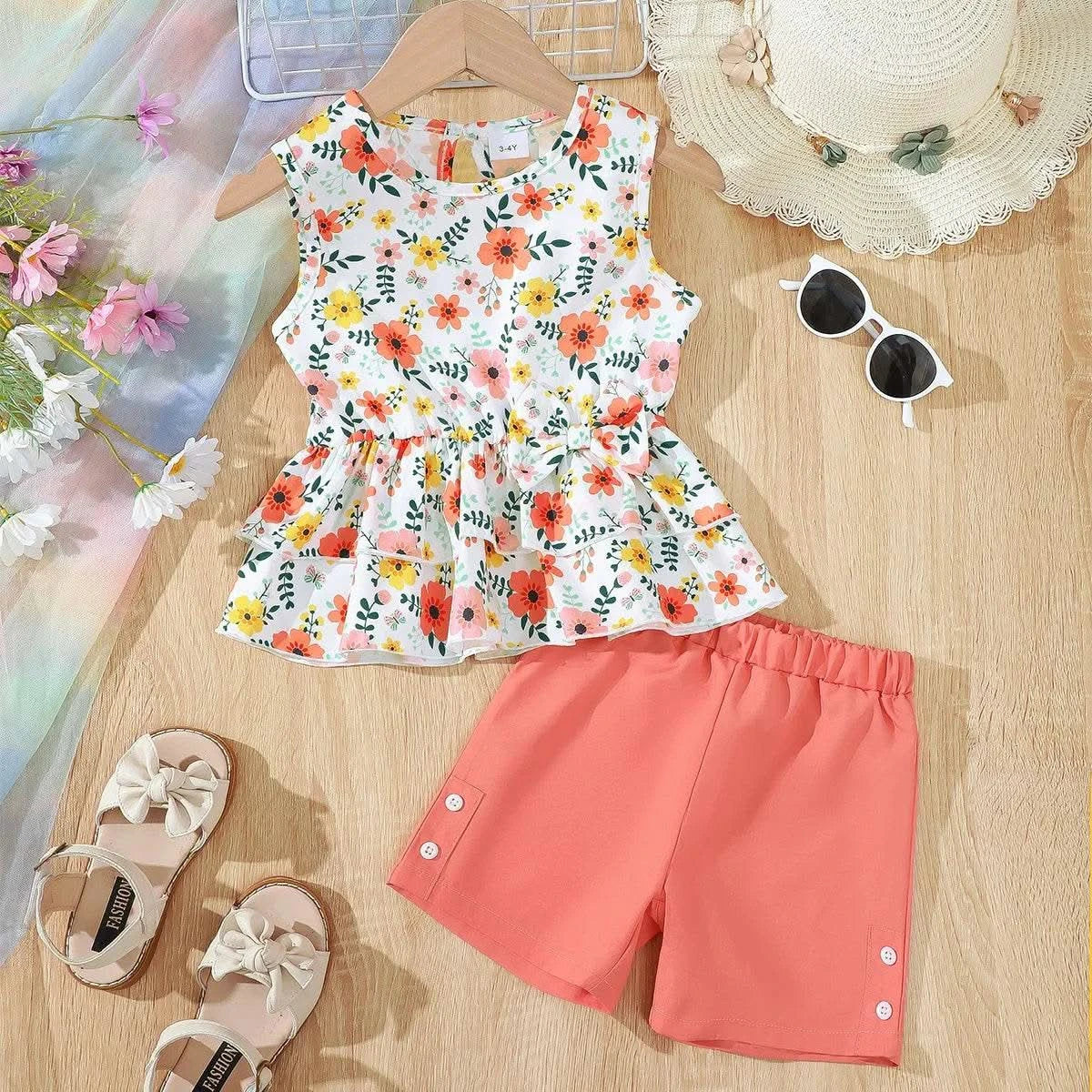2PCS Children Girls Little Fresh Clothing Set Floral Sleeveless Top + Shorts Sweet Lovely Fashion Costume for Kid Girl 4-7 Years - M & M Global