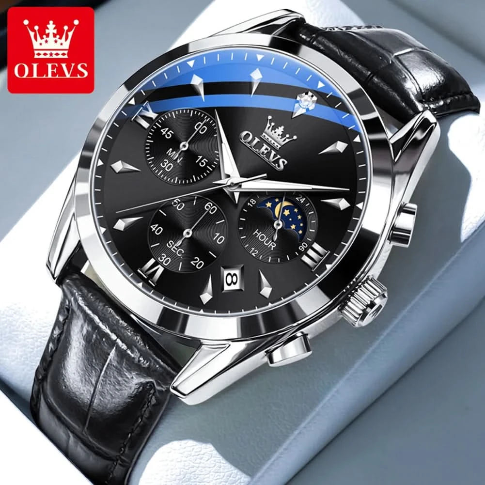 OLEVS Original Watch Leather Strap Moon Phase Luminous Quartz Watches for Man Waterproof Calendar Business Trend Wristwatch - M & M Global