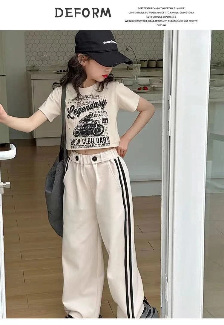 Girls' summer casual suit, new children's fashionable T-shirt, casual pants, summer dress, foreign short-sleeved two-piece set, - M & M Global